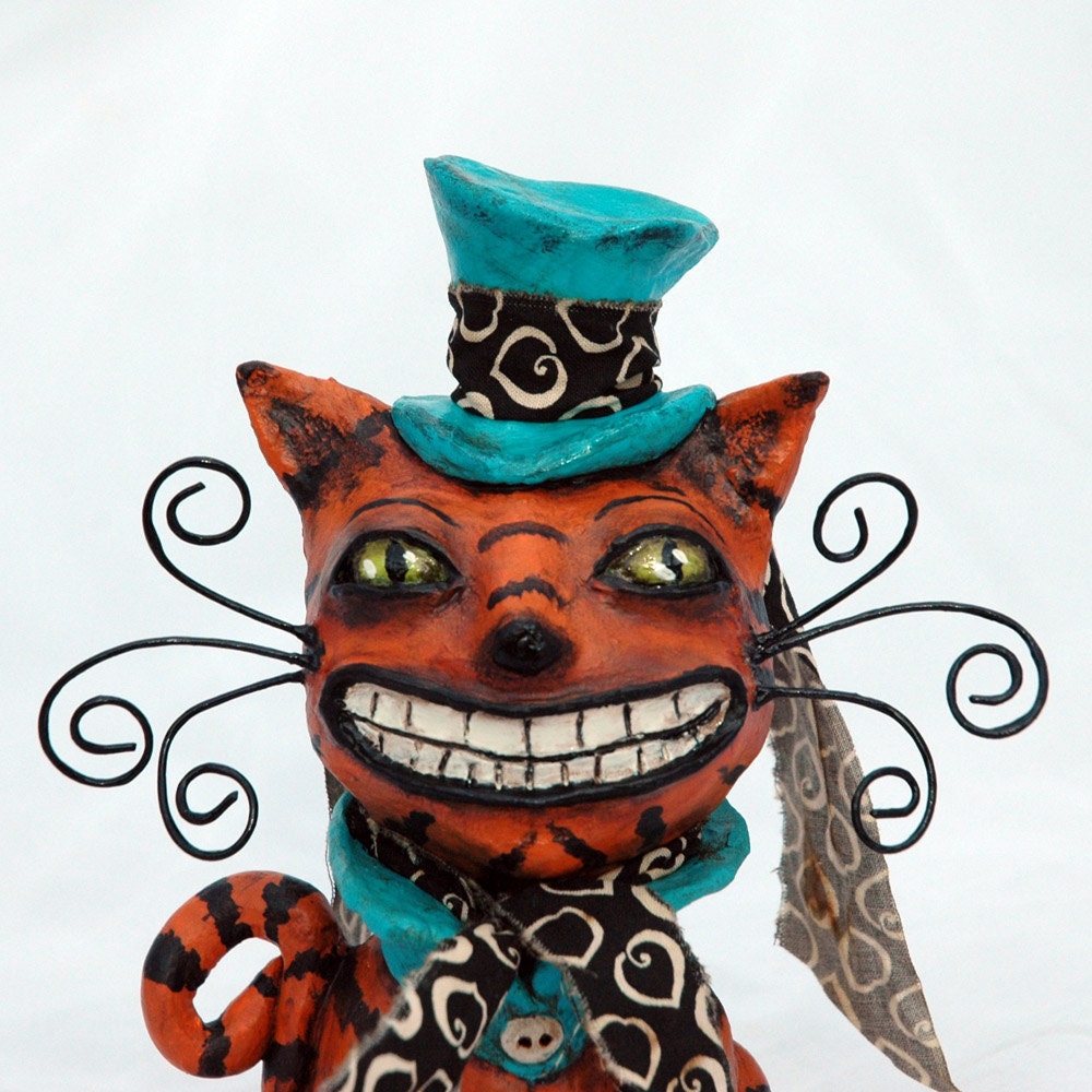 Cheshire Cat Mad Hatter Style Paperclay Sculpture Orange Black Aqua Whimsical Folk Art