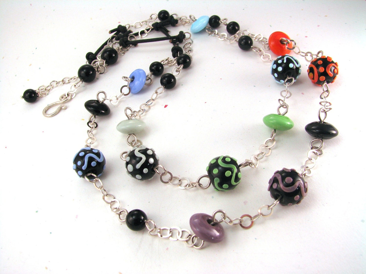 Artisan Lampwork, double strand sterling silver linked necklace, Halloween Colors with black onyx
