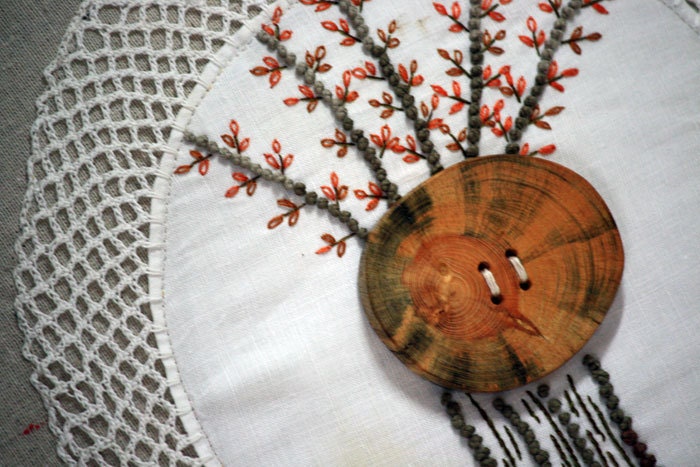 Autumn Tree Home Pillow Fall Decor Cushion Hand Embroidered Repurposed Vintage Doily