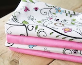 Fabric Napkins - Pink with Floral Vines - Set of 4 Reversible Cloth