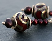 Swirls with Pearls, deep red artisan lampwork sterling earrings
