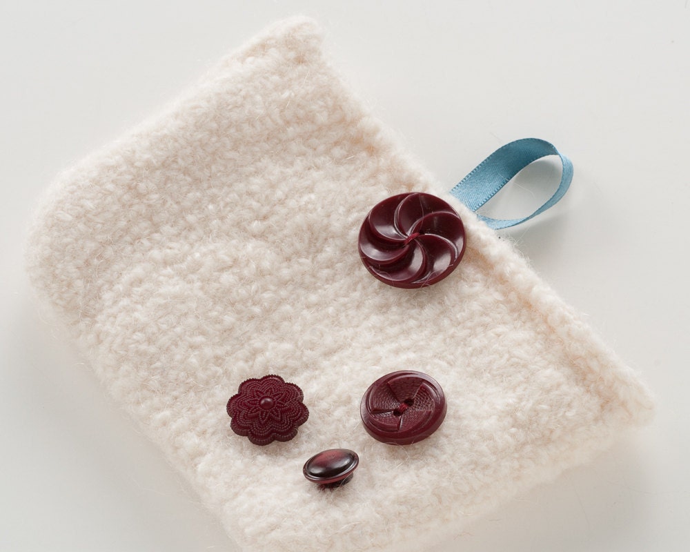 Snowy Felted Clutch Purse with Antique Red Wine Buttons