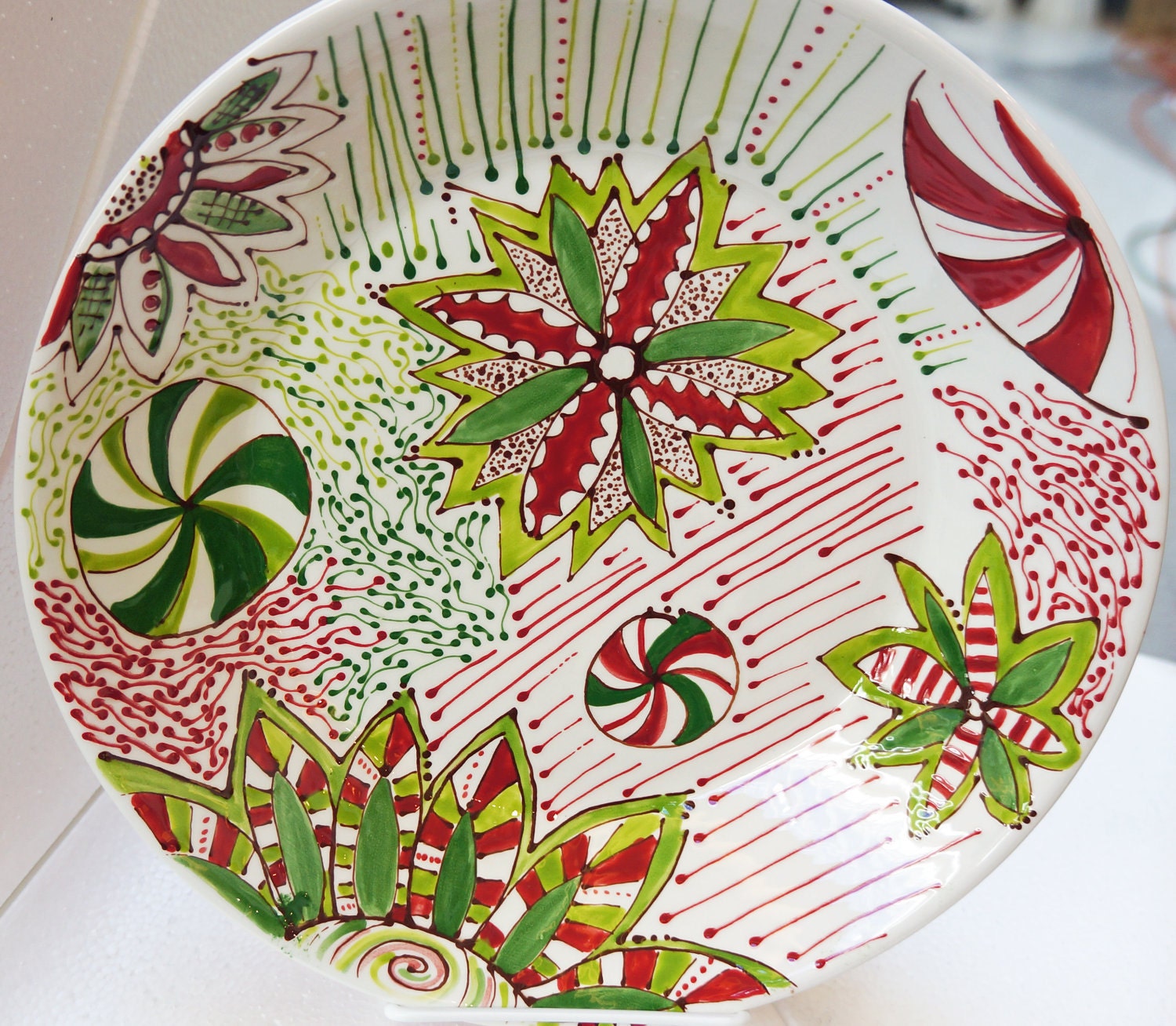 Christmas Cookie Plate (Serving dish/plate/bowl) Red and Greens, whimsical Christmas Dish