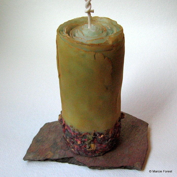Organic Spice Pillar, Multi-tone Green, Upcycled Slate Base - Beeswax, Roses, Lavender, Cinnamon, Cloves - Eco Chic Candles by Marcie Forest