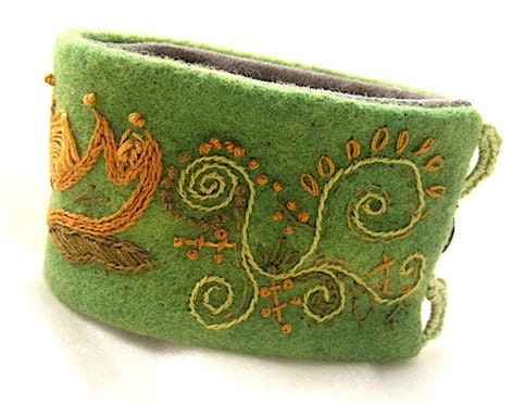 Cuff Bracelet Hand Embroidered Jacobean Lotus Flower Wool