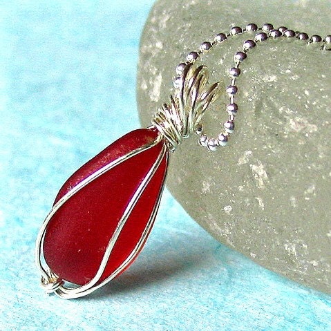 RESERVED FOR SARAH....CRIMSON DEW DROP extremely rare red sea glass and 926 sterling silver Italian chain necklace
