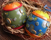 Set of
 2 One-of-a-kind Handmade Egg Ornaments - Polymer Clay Over Eggshell...