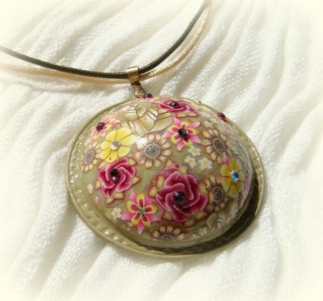 Pendant. Pink Roses, Olive and yellow Millefiori flowers  Pendant, Polymer clay Handmade Jewelry