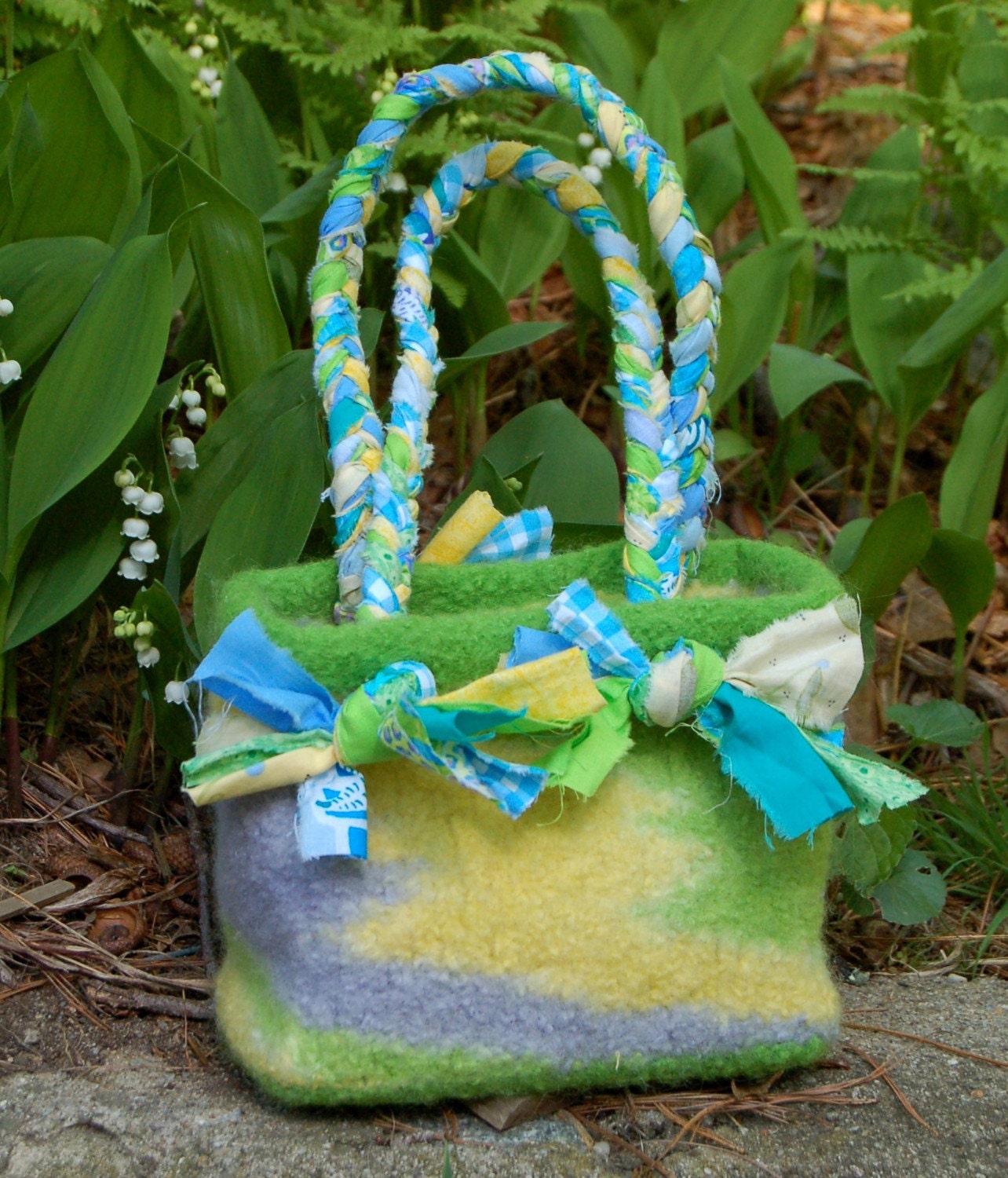 watercolor felted purse blue grey yellow green wool purse braided cotton handle