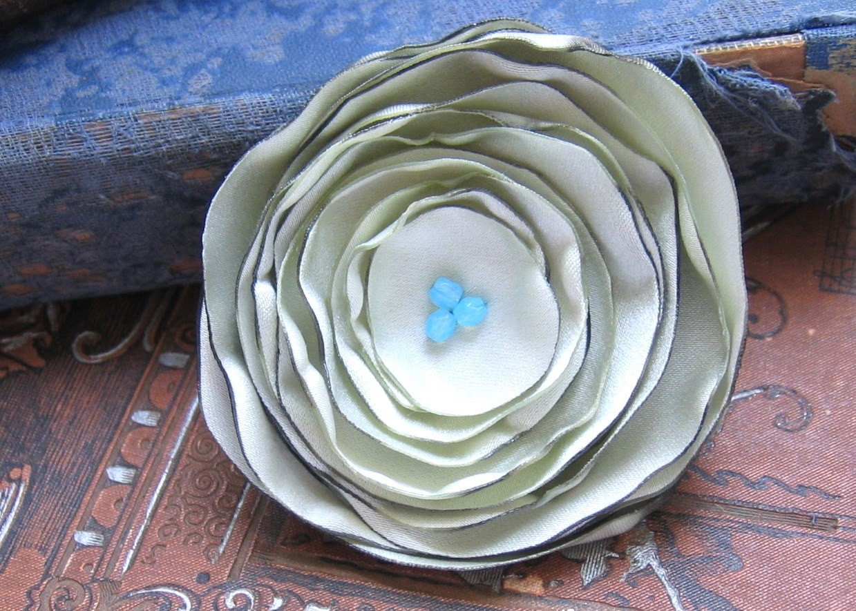 Serene Fabric Flower Brooch With Robin's Egg Blue Beads