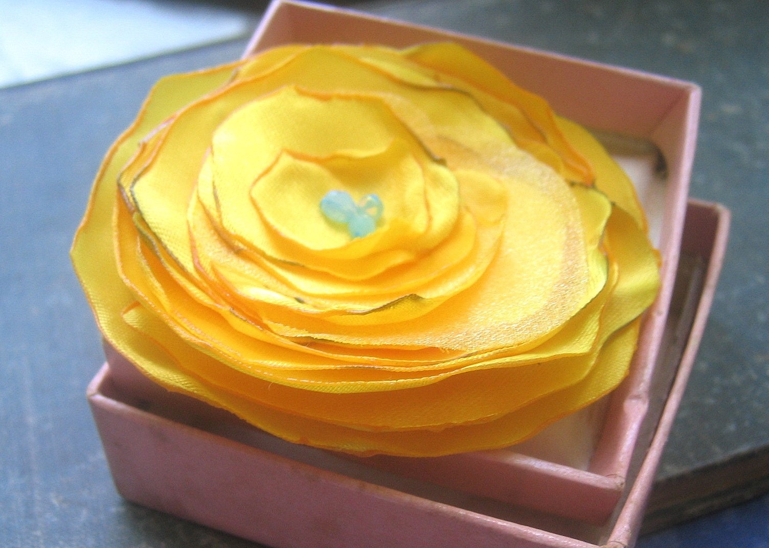 Golden Yellow and Robin's Egg Blue Fabric Flower Brooch
