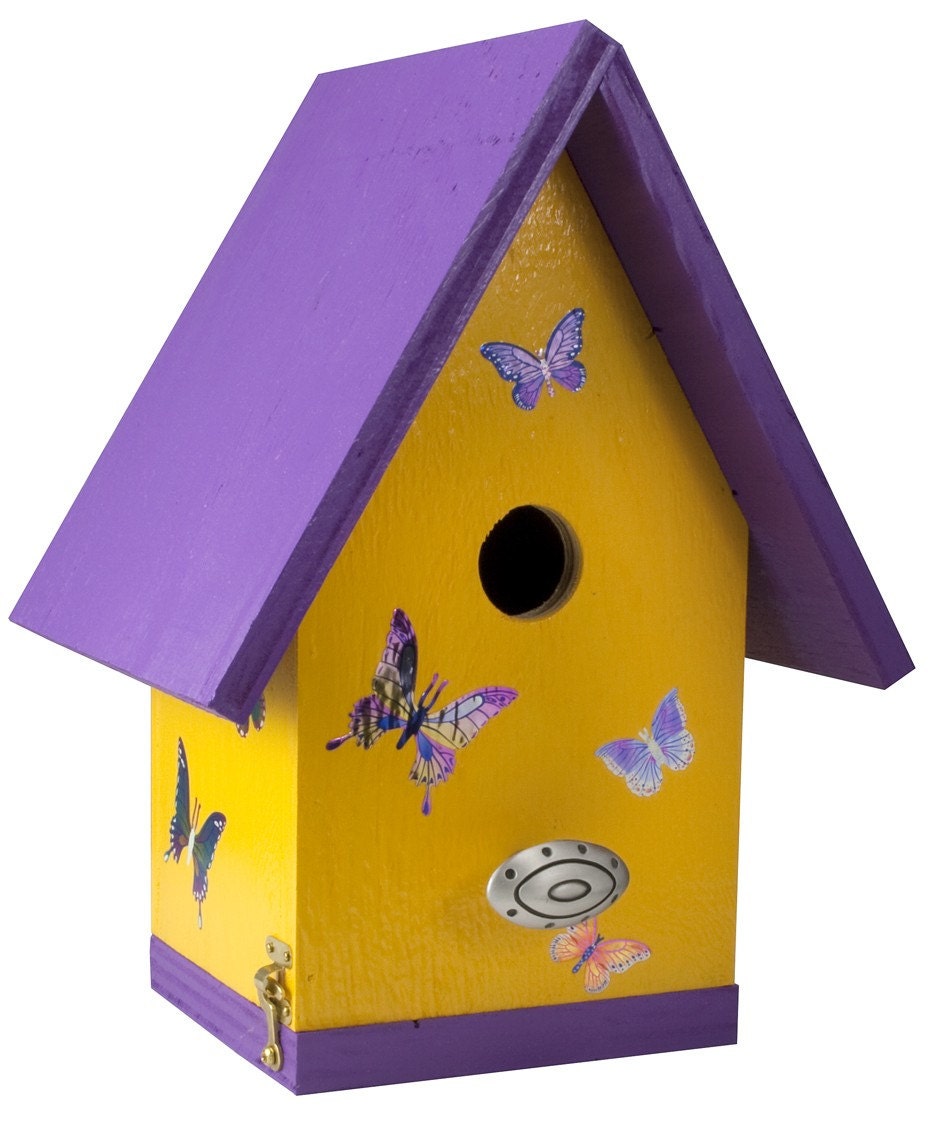 Artsy Designer Birdhouse / Quality Wood / Butterflies Yellow and Purple