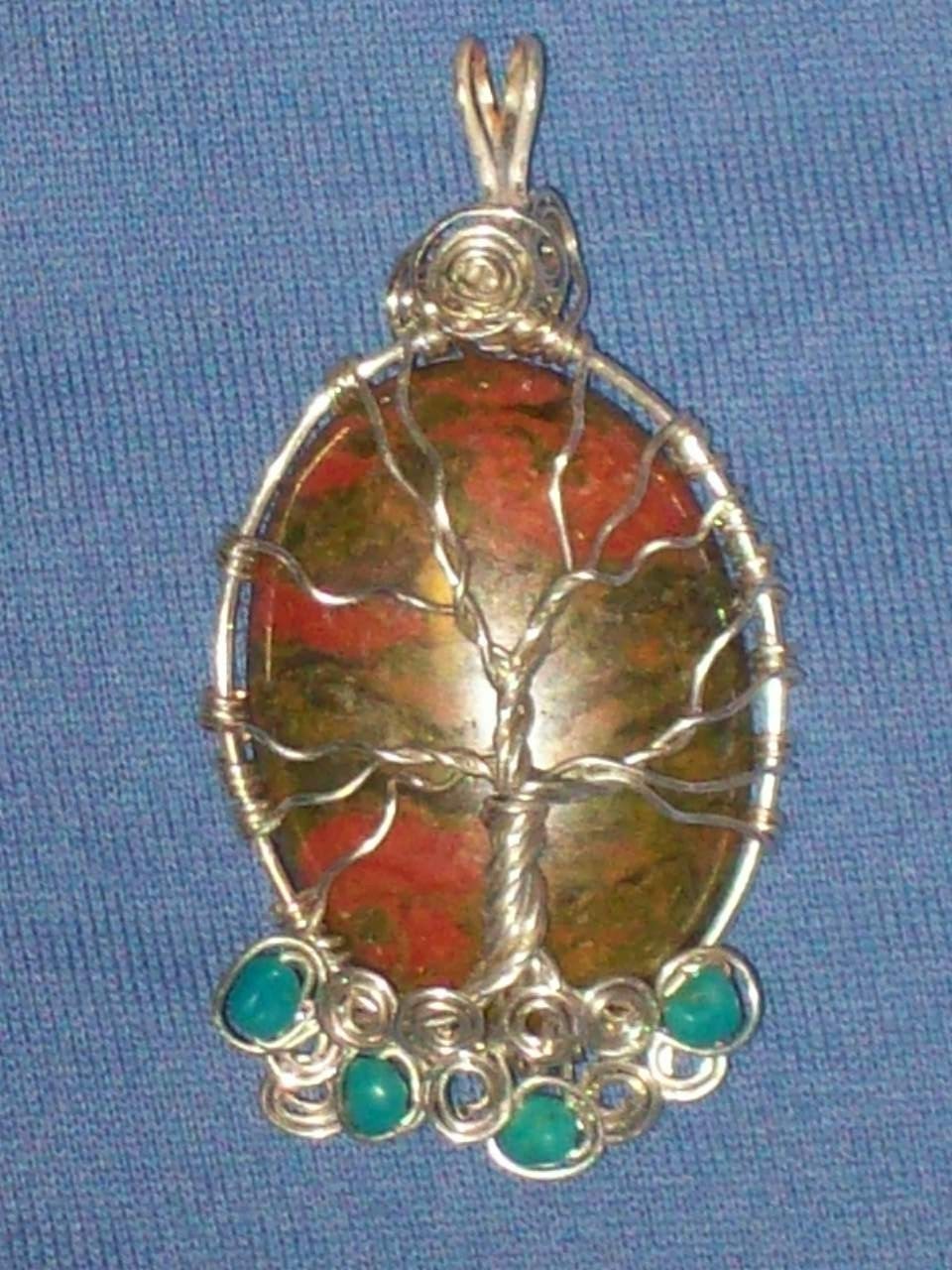 Tree of Life Pendant Necklace, Unakite, Turquoise, Sterling Silver Wire Wrap