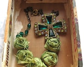 Necklace, Emerald Shabby Roses with Vintage Cross Brooch