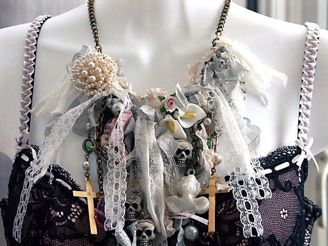 RAGDOLL CORPSE BRIDE STATEMENT TEXTILE FRINGE NECKLACE - BOHEMIAN FRIPPERY, LOLITA GOTHIC STYLE, SHABBY CHIC -HANDMADE
