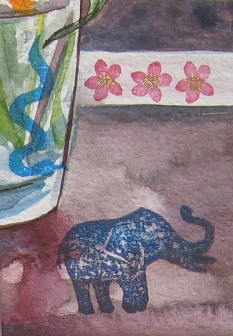 ACEO - Tiny elephant being stalked by giant blue snake/Snake Surprise