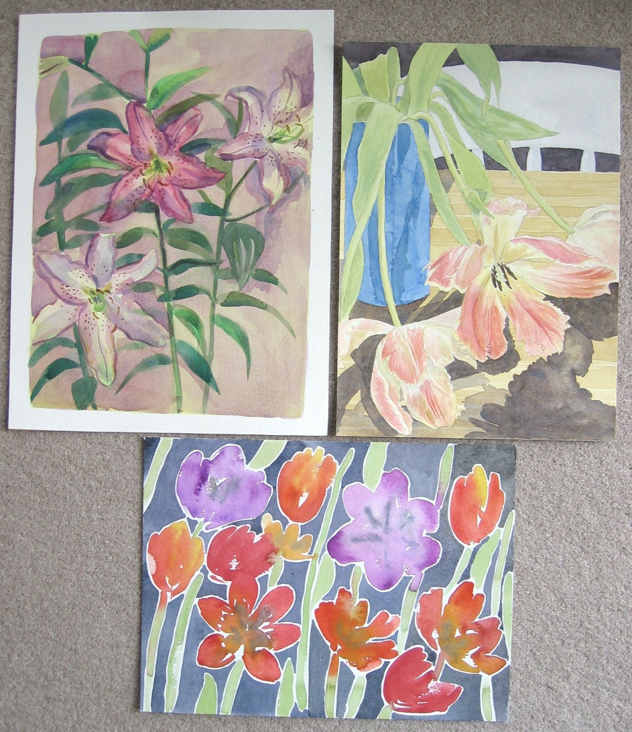 3 Original Watercolour Still Life paintings