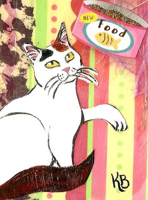 Cat Art ACEO Mixed Media Kitty Collage Card titled Hungry Kitty