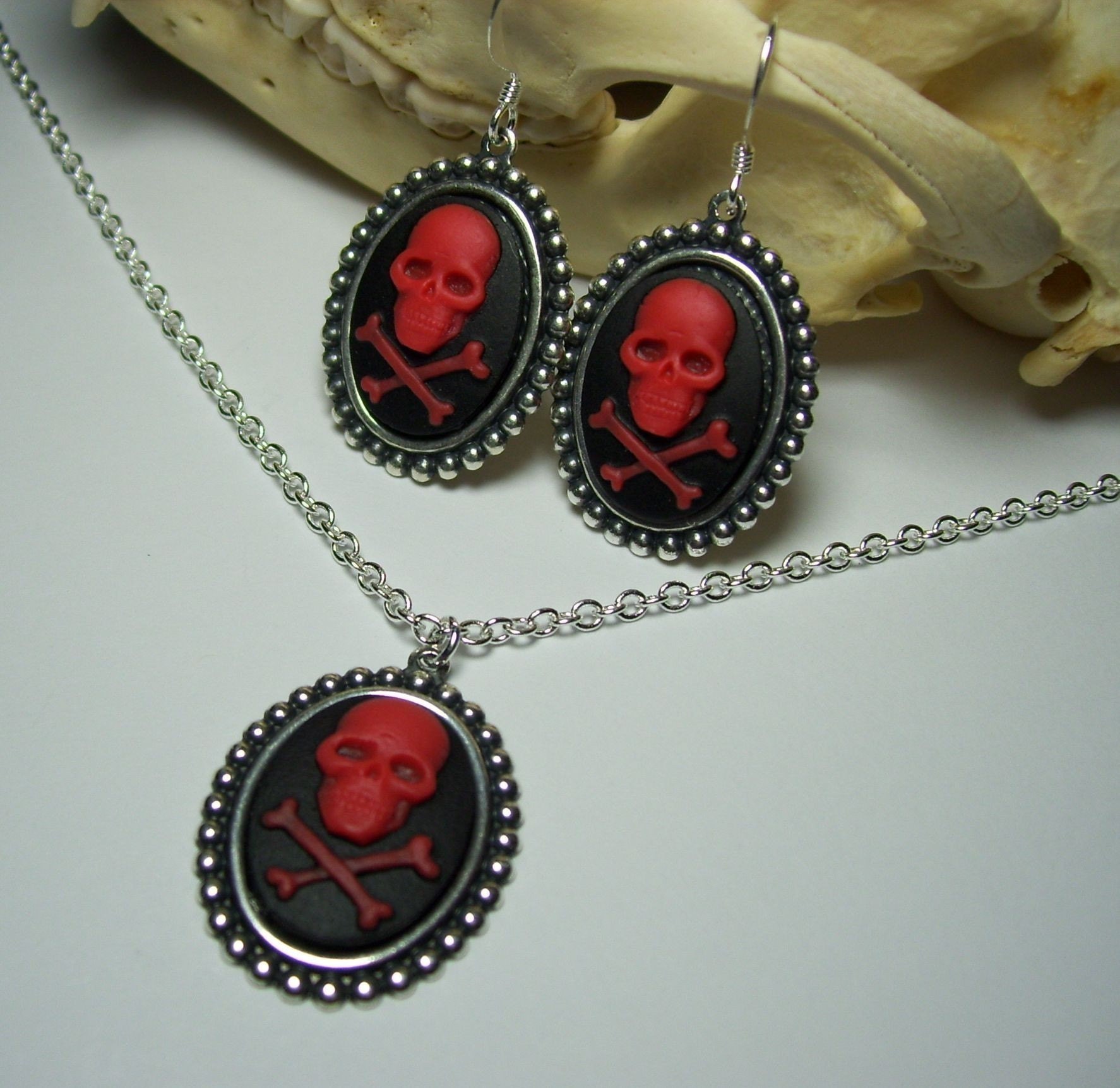 Antique Silver Red on Black Skull and Cross Bones Cameo Gothic Pendant Necklace and Earrings Set