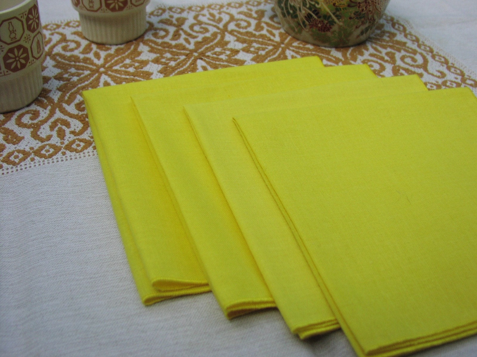 4 Vintage cloth napkins, eco friendly, neon lemon yellow, Florida citrus bit of sunshine