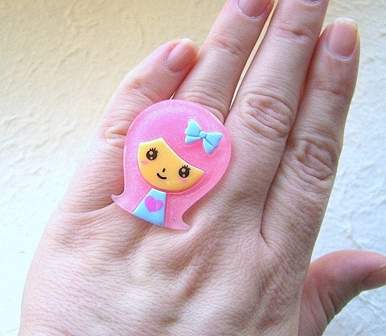 Funky  Japanese Ring - Cute Girl With Pink Hair