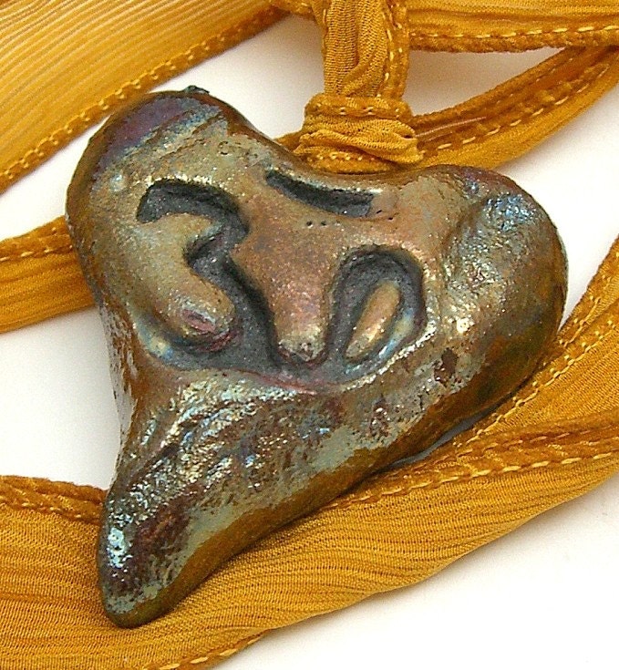 Ohm Aum Om Raku Heart Pendant Raku Ceramic Jewelry Handmade by MAKUstudio