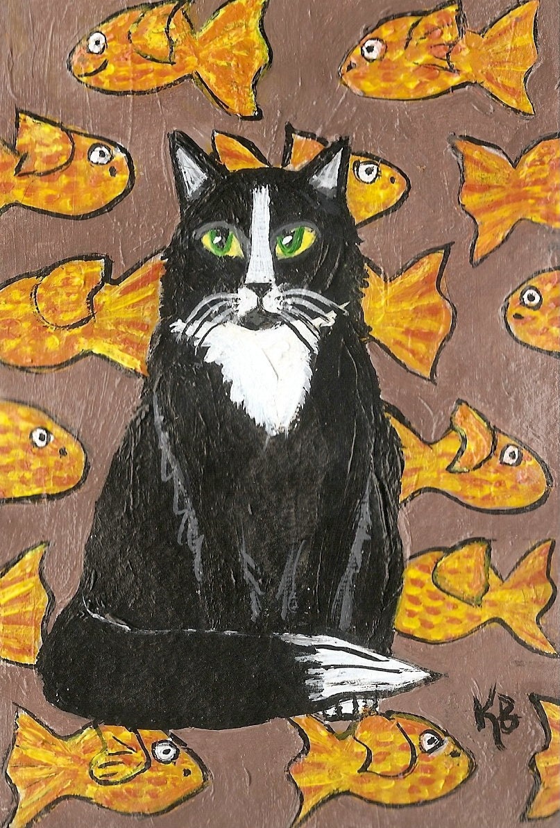 Tuxedo Cat and Fishies, Original Painting by Kimba