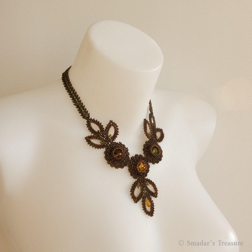 Necklace with Crystal Cabochons and Leaves