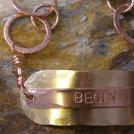 Begin - Handstamped and Handforged Solid Copper and Vintage Brass Layered ID Bracelet with Swarovski Crystals - by Jean Skipper