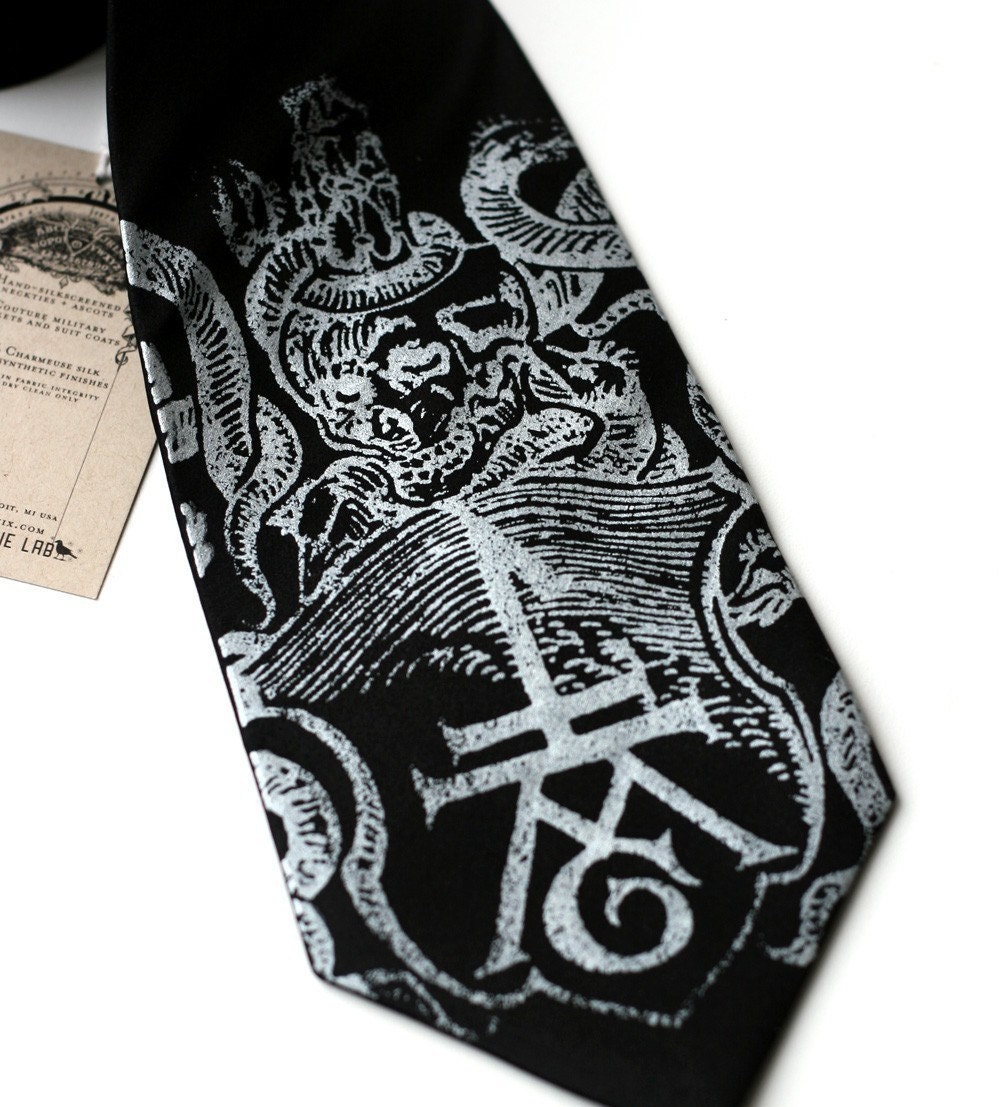 Book Imprint screenprinted necktie, Ex Libris, silver on black silk