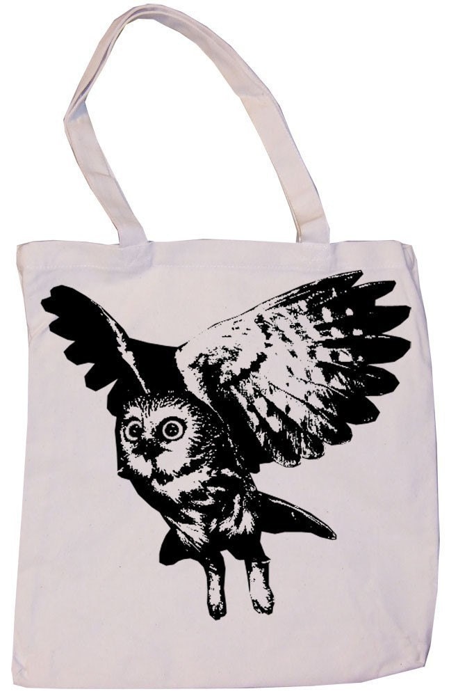 SALE Flying Barn Owl Retro Night Black and White Illustration Print Natural Tan Canvas Reusable Grocery or Book Tote Bag