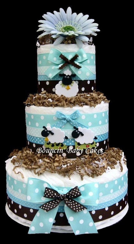 Tiffany Blue and Brown Sheep Baby Shower Diaper Cake/ Centerpiece Gift