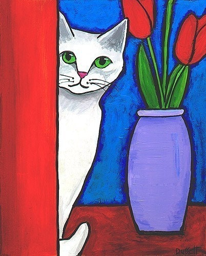 White Cat and Red Tulips - Print
