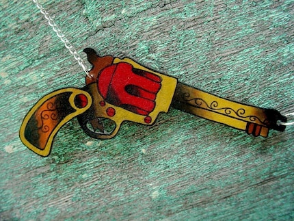 red gold and brown double vintage tattoo pistol necklace