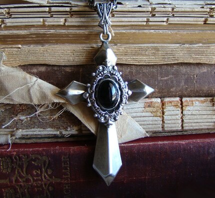Dark Shadow,  Large Silver Victorian Art Nouveau Cross with a Jet Black Smooth Glass Jewel