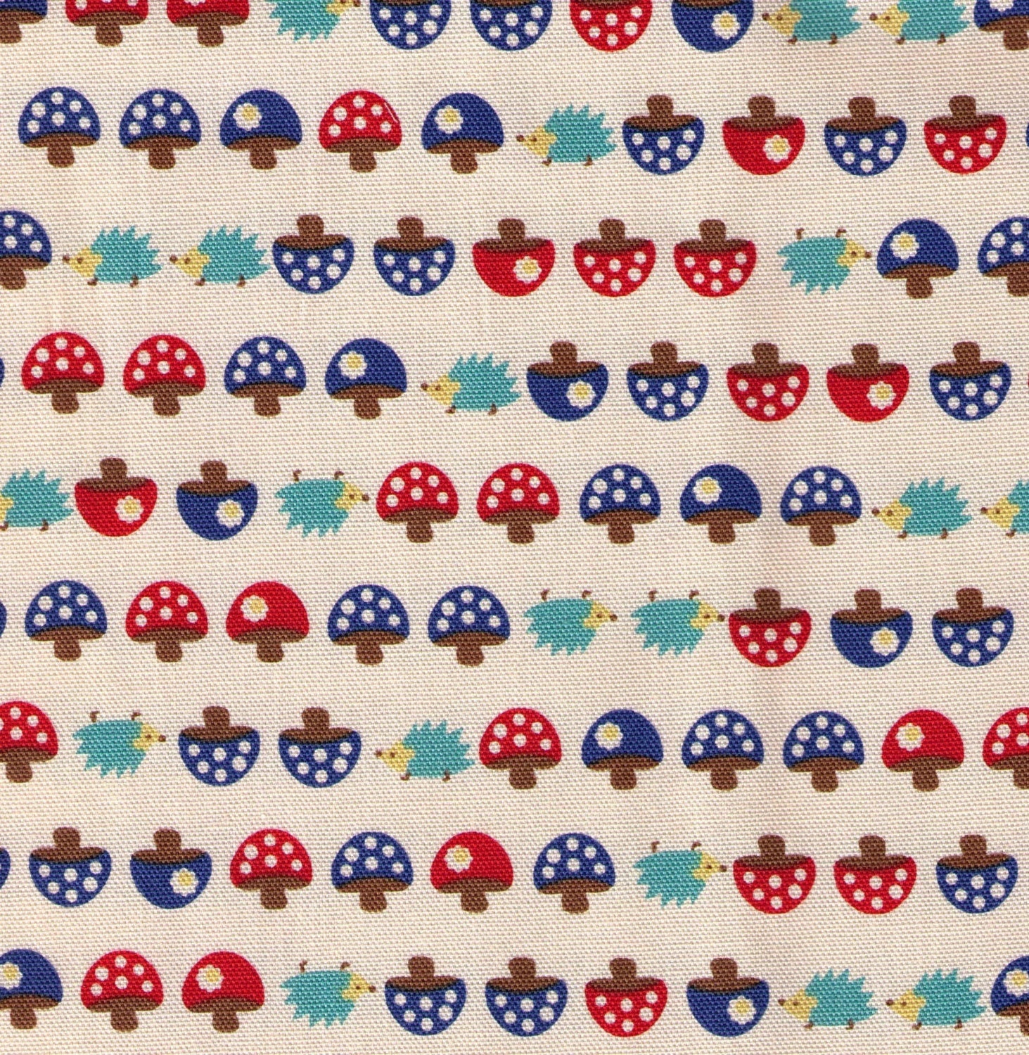 FAT QUARTER Kokka Fabric - Hedgehogs and Toadstools in a row - Japanese Import Fabric