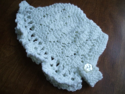 white hand knitted baptismal bonnet three to six months