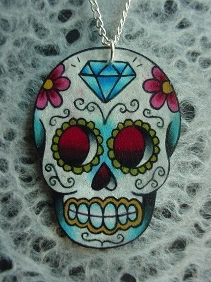 vintage tattoo style dia de los muertos (day of the dead) sugar skull with flowers and diamond necklace