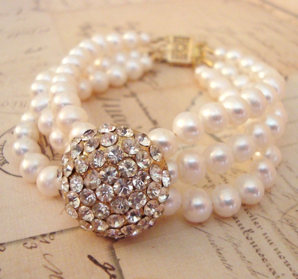Mae 3-Strand Bracelet - Upcycled Vintage Rhinestones with 6mm Cream Freshwater Pearls and 14k Gold Filled Findings