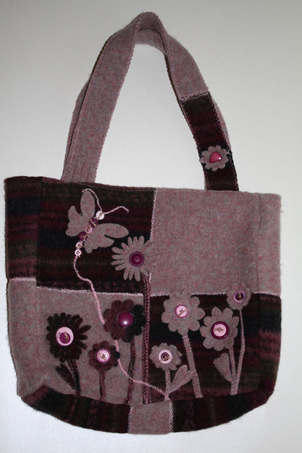 Felted Wool, Upcycle - Burgandy and Rose Felted Wool Tote with Flowers and Butterfly