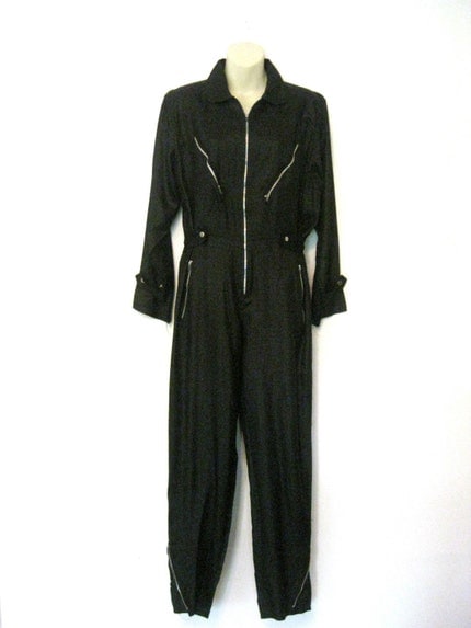 motorcycle jacket inspired black silk 80s jumpsuit vintage Kenar SM MED