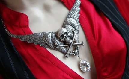 Regal Nemesis - Gunmetal Winged Skull Neo-Victorian Gothic Necklace
