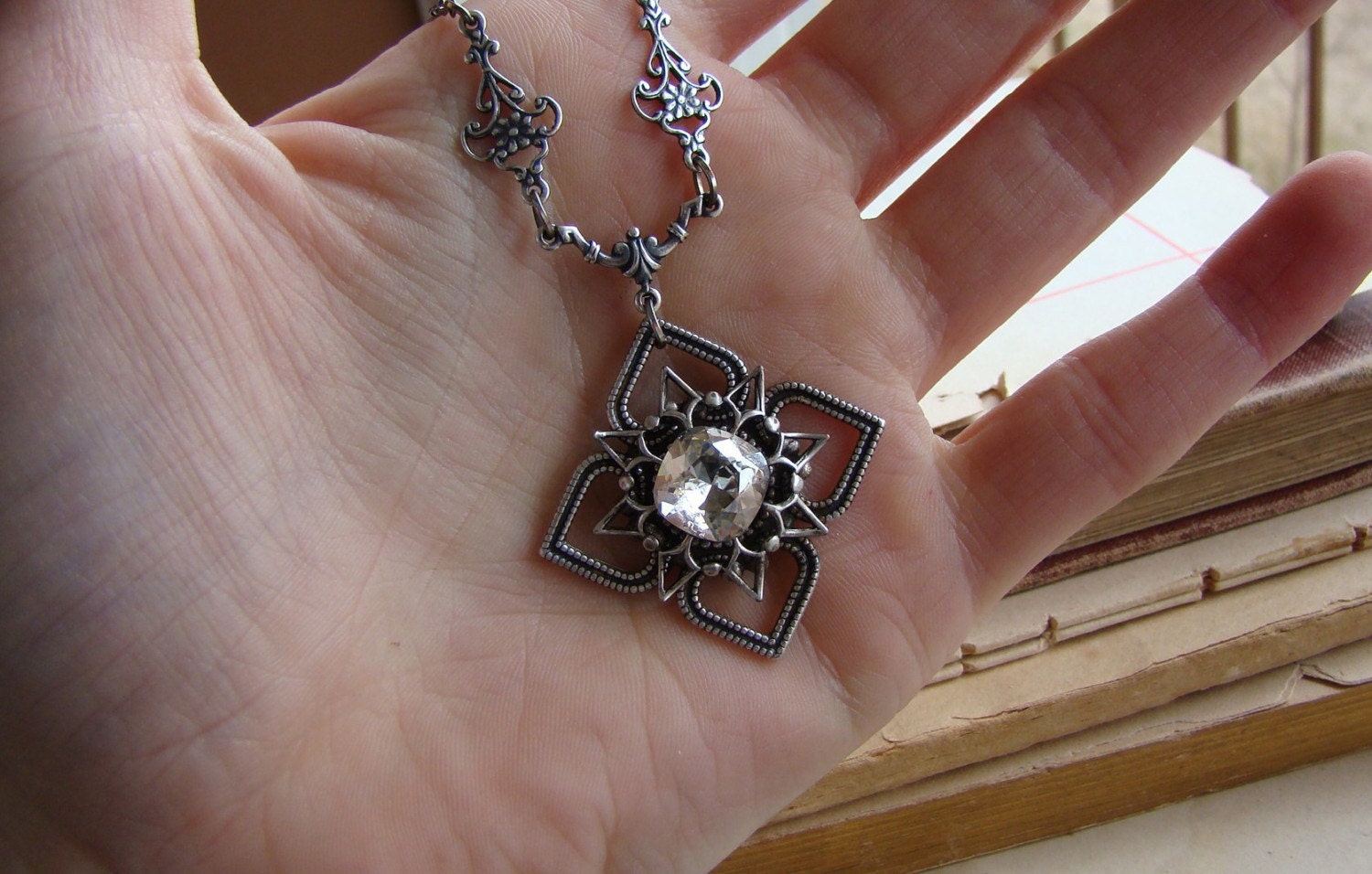 Stardust - Silver Swarovski Jewel and Filigree Victorian Necklace