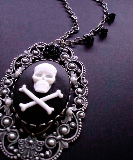 MACABRE Large Gothic Skull Cameo and Dainty Black Glass Rose Necklace