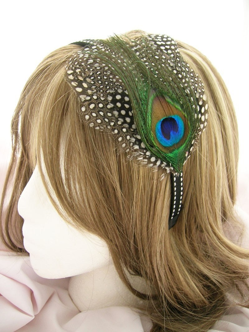 Nailah - Royal peacock eye layered on a spotted pattern feather pad - fascinator headdress headband, comb, elastic band, or  hair clip your choice