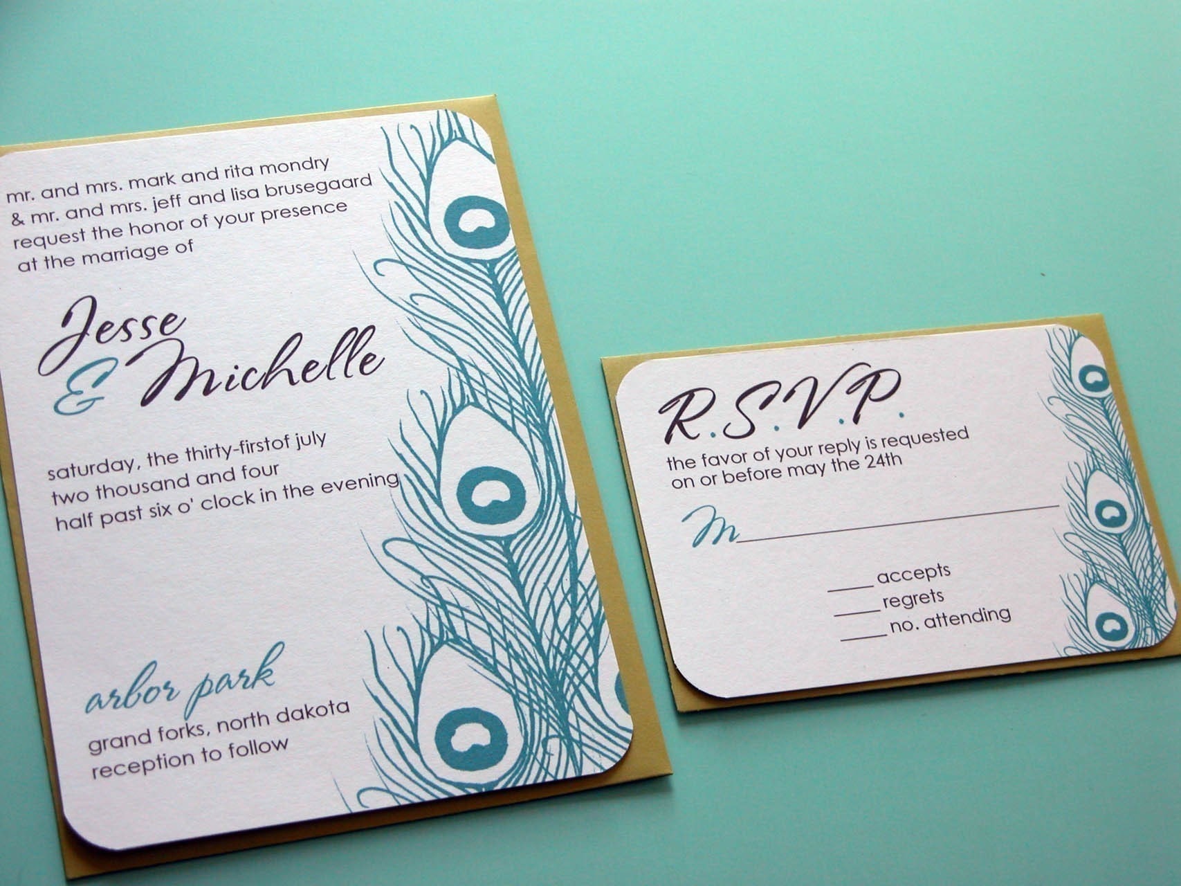 Peacock Feathers Wedding Invitation and RSVP setteal chartreuse and 