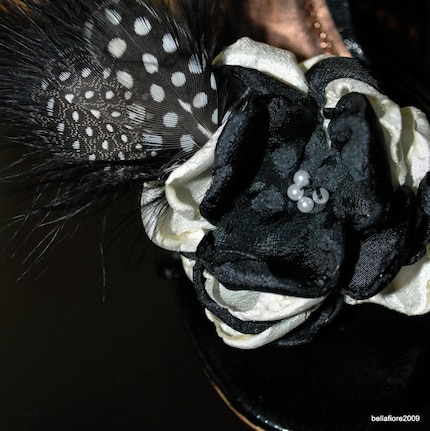 SHOE CLIP/ Tuxedo Black and White Handcrafted Flower with Tiny Pearl Center Marabou and Guinea Feather Accents PERFECT for your LITTLE BLACK DRESS/ SHOE CLIP