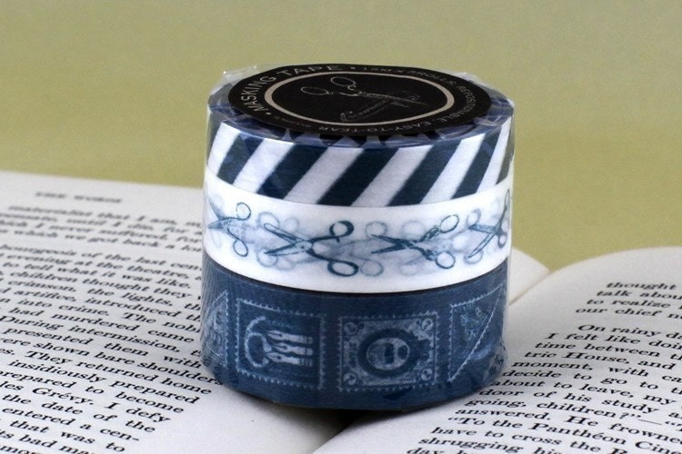 Airmail Tape, Scissors, Postage Stamps - BLUE Japanese Masking Tape set of 3