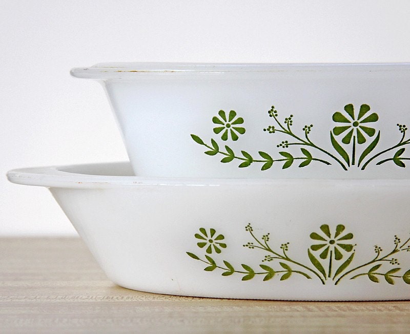Glasbake Green Daisy Duo Oval Dishes