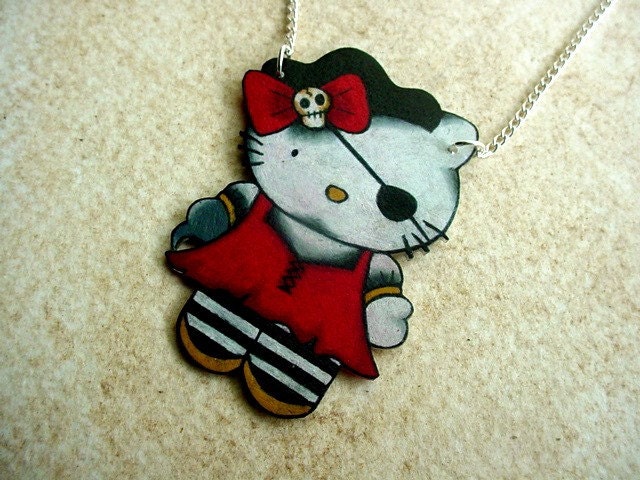 pirate kitty tattoo style necklace
